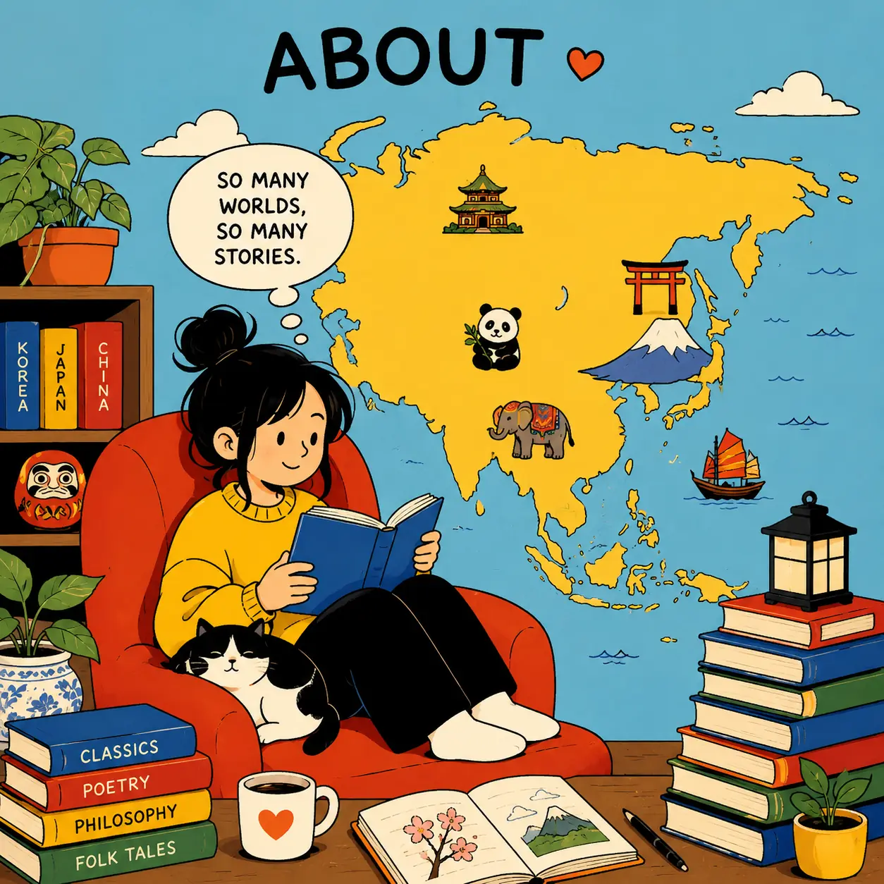 About page -Illustrated reader exploring books from Asia with a colorful map of Asia and books in a cozy reading corner.