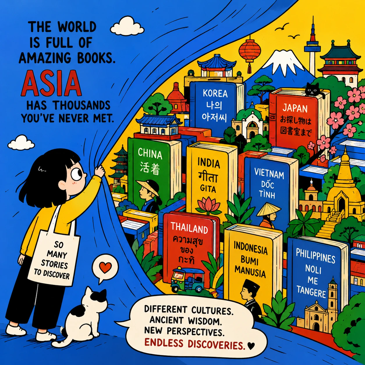 Asian Books, Illustrated bookshelf featuring colorful books from across Asia, symbolizing hidden literary treasures, cultural diversity, and ancient wisdom.