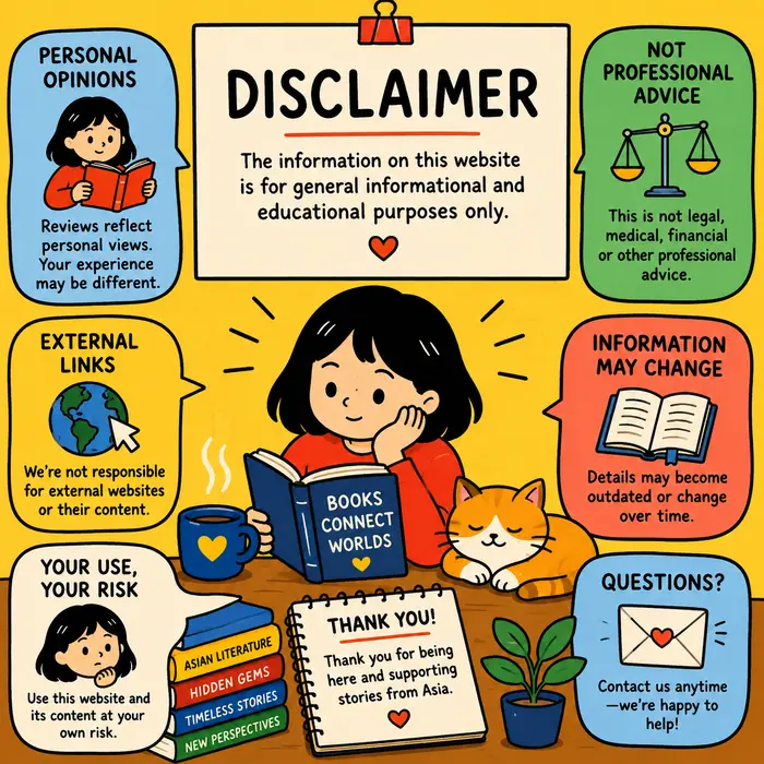 disclaimer page showing a reader, books, and icons representing personal opinions, external links, professional advice, and website policies.