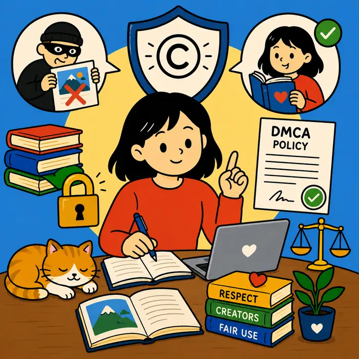 DMCA policy showing copyright protection, fair use, original content, and respect for authors and creators.