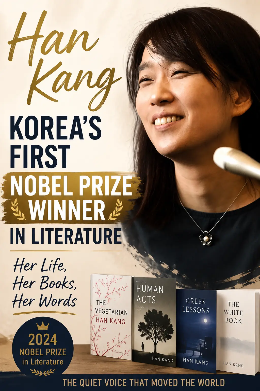Portrait of Han Kang, the first Korean author to win the Nobel Prize in Literature, with her bestselling books including The Vegetarian and Human Acts.