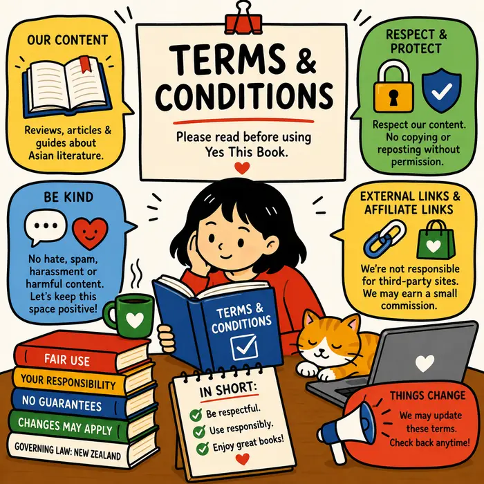 Terms and Conditions page showing website rules, copyright protection, fair use, and responsible use of book content.